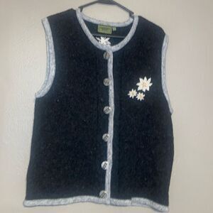Vintage Wool Vest Gray with Flowers Metal Buttons Large
